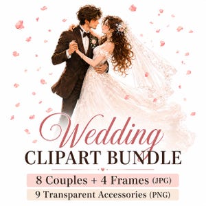 Könnte beinhalten: Digitale Illustration eines tanzenden Brautpaares, umgeben von fallenden rosa Blütenblättern. Der Text lautet: Wedding CLIPART BUNDLE, 8 Couples + 4 Frames (JPG), 9 Transparent Accessories (PNG). Das Paar trägt formelle Hochzeitskleidung.