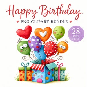 Könnte beinhalten: Eine digitale Illustration mit dem Text Happy Birthday PNG CLIPART BUNDLE und 28 PNG FILES. Darunter befindet sich eine bunte Geschenkbox mit einem lächelnden Gesicht, umgeben von verschiedenen Luftballons, darunter Herzformen.