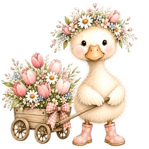 Könnte beinhalten: Ein flauschiges weißes Entenküken mit rosa Gummistiefeln mit Gänseblümchenmuster und einem Blumenkranz aus Gänseblümchen und rosa Tulpen. Es zieht einen hölzernen Wagen, der mit einem Strauß aus rosa Tulpen, weißen Gänseblümchen und einer rosa Vichy-Schleife gefüllt ist.