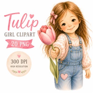 Könnte beinhalten: Eine digitale Illustration eines Mädchens mit langem braunem Haar und einer rosa Schleife, das ein gemustertes Langarmshirt und eine blaue Jeanslatzhose mit Herzaufnäher trägt und eine rosa Tulpe hält. Text: Tulip GIRL CLIPART 20 PNG 300 DPI HIGH RESOLUTION.