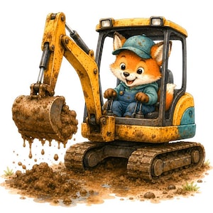 Könnte beinhalten: Ein gelber Bagger mit schlammiger Schaufel und Kettenlaufwerk, bedient von einem Cartoon-Fuchs mit blauer Kappe und Jeans-Latzhose. Die Maschine gräbt aktiv in braunem Schlamm, wobei Spritzer auf dem Metallrahmen und dem Boden sichtbar sind.