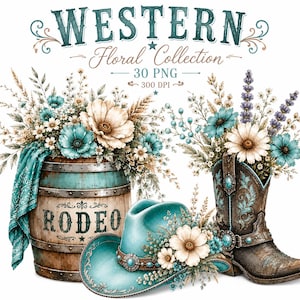 Op de afbeelding: Een digitale grafische set getiteld WESTERN Floral Collection 30 PNG 300 DPI met een houten vat met het opschrift RODEO, een blauwgroene bandana, een blauwgroene cowboyhoed versierd met witte bloemen en een bruine leren cowboylaars met bloemen.