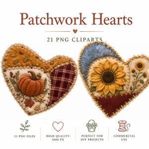 Könnte beinhalten: Digitales Grafikset mit dem Titel Patchwork Hearts 21 PNG Cliparts. Zwei herzförmige Illustrationen zeigen Stofftexturen, Nähte und herbstliche Motive wie einen Kürbis, eine Sonnenblume, Karomuster und Blätter in Orange, Braun und Gelb.