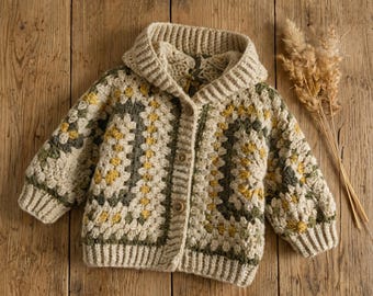 Modèle de veste au crochet pour tout-petits, cardigan carré à capuche grand-mère, téléchargement PDF pour bébé