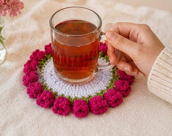 Patrón de posavasos de flor de lirio a crochet, ramo floral, decoración rústica para el hogar (descarga en PDF)