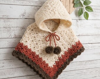 Modèle au crochet de poncho à capuche, point de coquille texturé, cape pour tout-petits bébés et enfants (modèle PDF)