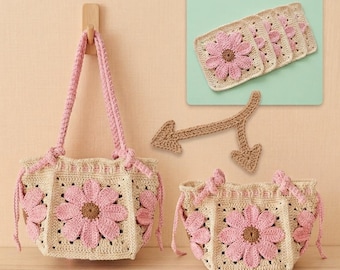Grandma Square Einkaufstasche Häkelmuster, 3D Blumen-Motiv, Zugband Einkaufstasche (PDF Download)