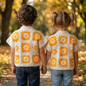 May include: Two children wearing matching cream-colored crochet tops with yellow and orange floral designs. The tops have short sleeves and a high collar. They are holding hands and wearing blue jeans, standing on a path with fall foliage in the background.
