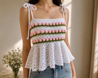 Patrón de top de tulipán a crochet en PDF, camiseta sin mangas de verano con punto floral, ajuste personalizable.