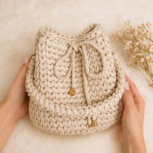 Crochet Drawstring Bag Pattern, Round Bucket Bag PDF, Turkish Handle (Digital Download)
