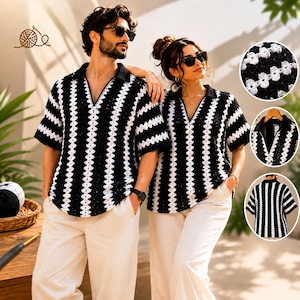 May include: Black and white striped crochet shirts with a V-neck collar. The shirts are short-sleeved and worn by two people. The shirts are paired with white pants. A close-up shows the crochet pattern. A ball of yarn and crochet hook are visible.
