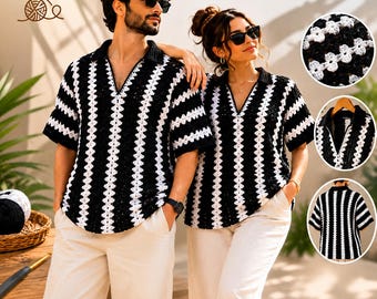 Black & White Granny Stitch Crochet Shirt Pattern, Unisex Oversized Collared Top