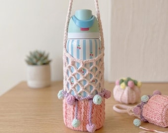 Crochet Bottle Holder Pattern | Floral Drawstring Bag, Shoulder Strap (PDF Download)