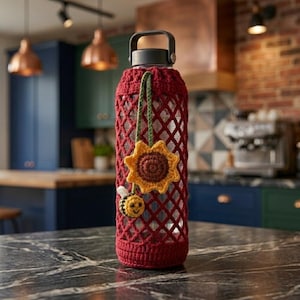 May include: A red crocheted water bottle holder with a sunflower and bee embellishment. The holder is designed with a diamond pattern and features a black handle. The sunflower is yellow and brown, and the bee is yellow and black.