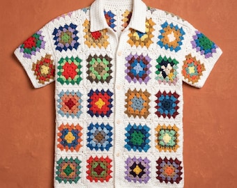 Granny Square Crochet Shirt Pattern, Unisex Boho Top, Modern Vintage Design