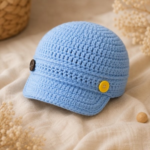 May include: A light blue crochet hat with a small brim. The hat features a band with two buttons, one brown and one yellow. The hat is made of a soft, textured yarn and is suitable for babies or children.