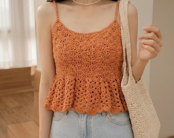 Crochet Cami Pattern, Shell Stitch Ruffle Crop Top, Ribbon Tie Back (PDF  Download)