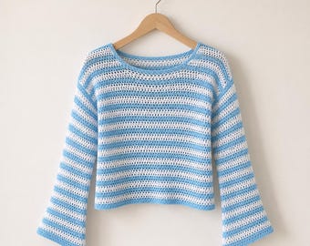 Striped Crochet Sweater Pattern, Oversized Pullover, Beginner Bell Sleeve Top (PDF Download)