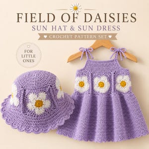 Peut inclure: Un ensemble chapeau de soleil et robe en crochet lavande avec des motifs de marguerites blanches et jaunes. Le texte indique FIELD OF DAISIES SUN HAT & SUN DRESS CROCHET PATTERN SET FOR LITTLE ONES. La robe a des bretelles à nouer.