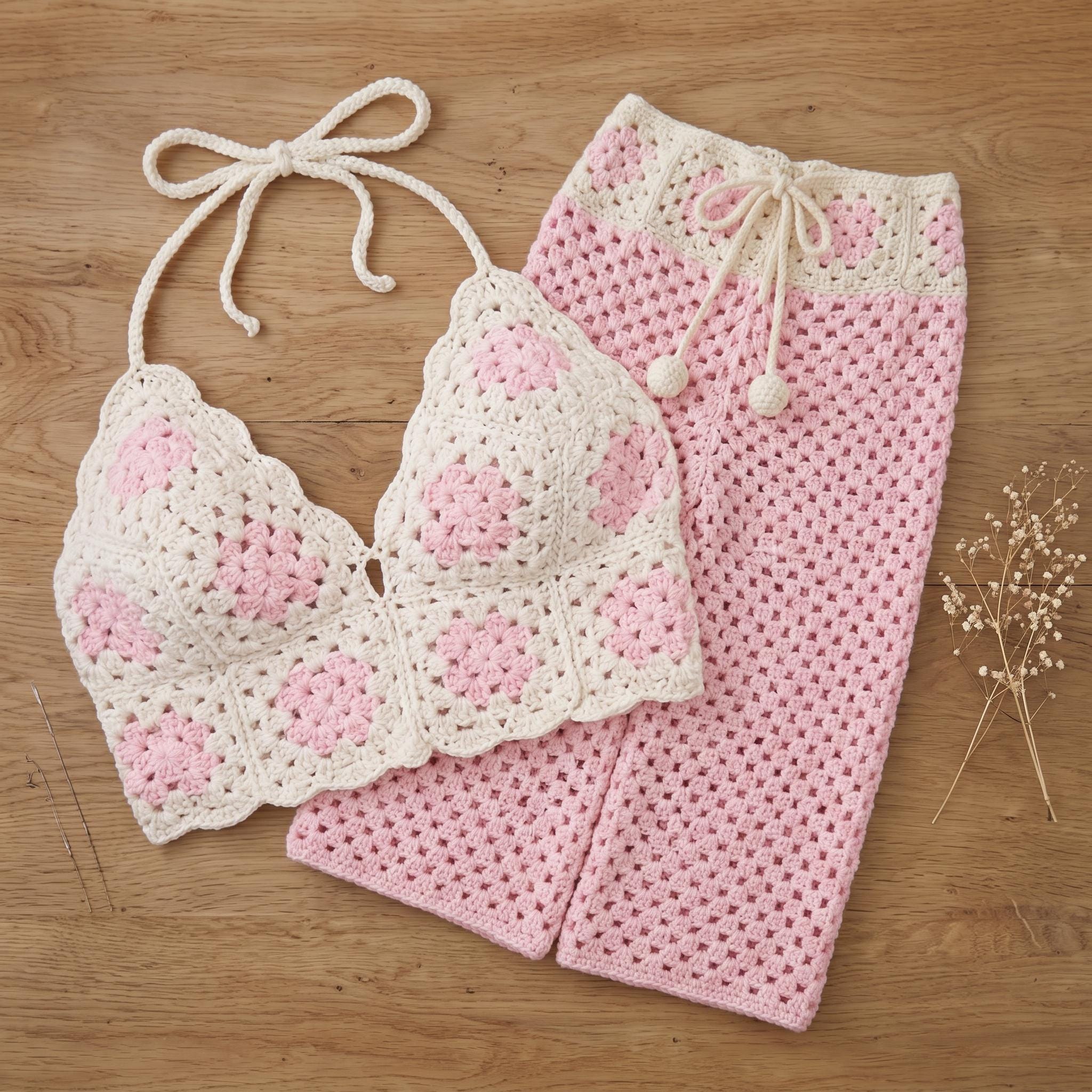 39 Bralette Crochet Patterns for Summer Layers, Gifts, and Handmade Style 33 Crochet Granny Stitch Bralette and Wide Leg Pants Set