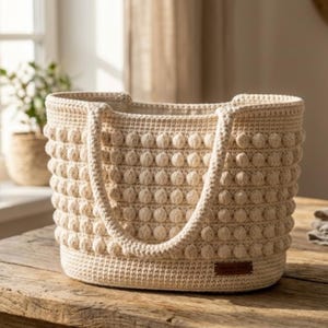 May include: Cream-colored crochet tote bag with a textured, bobble stitch design. The bag has two handles and a rectangular shape. A small, brown leather tag is attached to the bottom. The bag is sitting on a wooden surface.