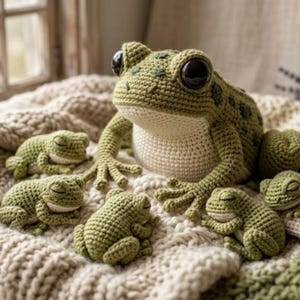 Könnte beinhalten: Eine Familie gehäkelter Frösche, darunter ein großer grüner Frosch mit großen schwarzen Augen und mehrere kleinere Frösche. Sie liegen auf einer cremefarbenen, strukturierten Decke. Der große Frosch hat grüne Flecken.