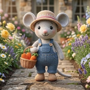 May include: A crocheted mouse wearing a straw hat and blue overalls, holding a basket of carrots. The mouse has large ears, a pink nose, and is standing on a stone path surrounded by flowers. The overall design is whimsical and charming.