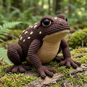 May include: A handcrafted crochet frog in shades of brown and tan, with white spots. The frog has large, dark eyes and is posed on a moss-covered log. The crochet work is detailed, showcasing the texture of the yarn.