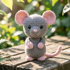 Puede incluir: Un juguete de ratón de ganchillo hecho a mano en gris con detalles en rosa. El ratón tiene grandes orejas rosas, una nariz rosa y ojos negros pequeños. Sus patas y cola también son rosas. El juguete está sobre una superficie de madera.