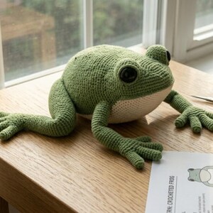 May include: A handmade green crocheted frog with large black eyes and a cream-coloured belly. The frog is posed with its legs extended, resting on a wooden surface. A pattern sheet is visible in the lower right corner.