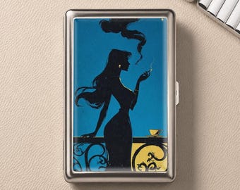 Silhouette di donna su balcone, porta sigarette vintage, scatola in metallo, regalo personalizzato