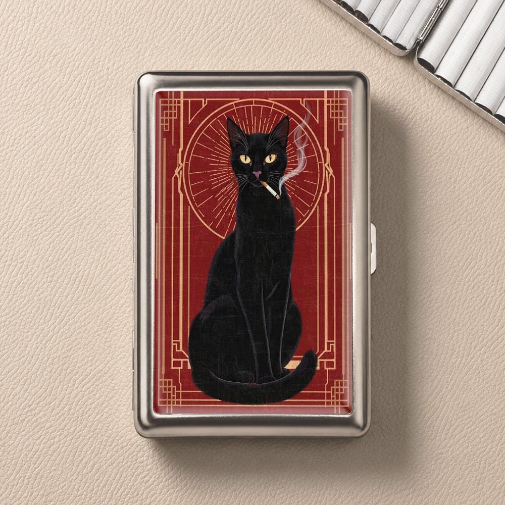 black cat cigarette case Zigarettenetui Wallet Metal Joint Holder Vintage Cat D24 Regular Black