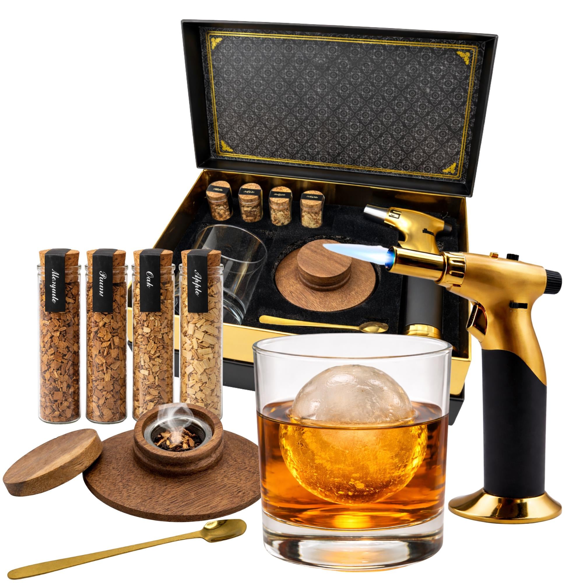 Whiskey Smoker Kit with Torch & Glass - Premium Cocktail Smoker Kit for Bourbon Lovers - Fathers Day Gift for Men - Old Fashioned Kit