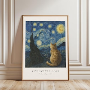 May include: A framed art print featuring a tabby cat sitting and looking at a stylised night sky with a crescent moon and swirling stars, inspired by The Starry Night. The text reads VINCENT VAN GOGH and The Starry Night - 1889 at the bottom.