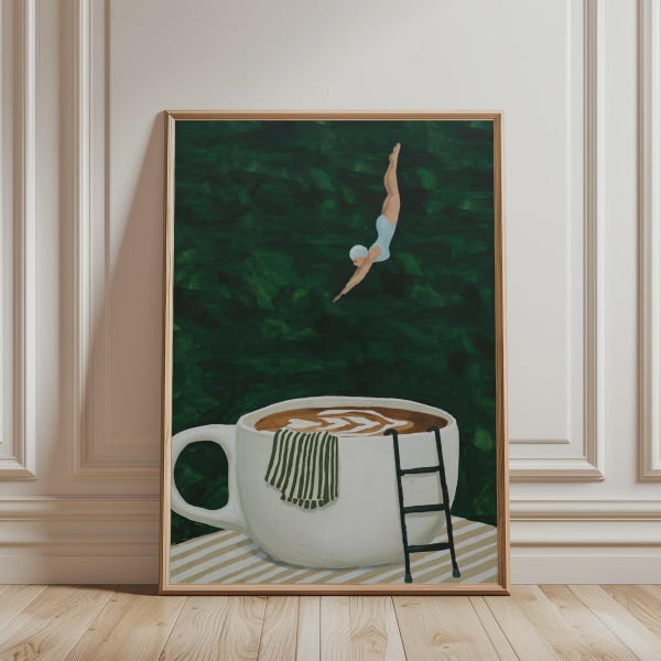 Diver Coffee Wall Art Print, Surreal Kitchen Poster, Latte Art Decor, Minimalist Coffee Painting, Cafe Wall Decor, Printable Art