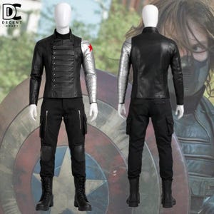May include: A black leather jacket with a silver arm and a red star detail, black cargo trousers, and black boots. The costume is displayed on a mannequin. The logo "DECENT CRAFT" is in the top left corner.