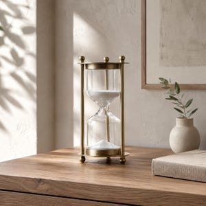 May include: An hourglass featuring a brushed brass metal frame with a cylindrical design, clear glass chambers, and white sand. The structure includes a circular top and bottom base supported by four vertical metal rods with small spherical finials.
