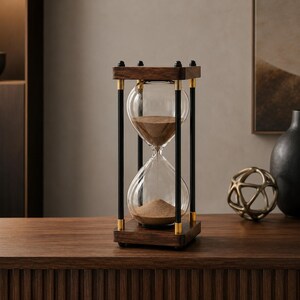 Puede incluir: Un reloj de arena con un bulbo de vidrio transparente lleno de arena marrón fina, sostenido por un marco de madera oscura con placas superior e inferior conectadas por cuatro varillas verticales negras con detalles metálicos dorados.