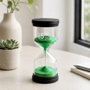 May include: A 15-minute hourglass with clear glass, vibrant green sand, and matte black top and bottom caps. The glass features white printed text that reads 15 Happy Time Sand Glass minutes, indicating the duration of the sand flow.