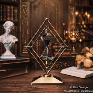 May include: An hourglass with black sand is encased in a diamond-shaped, gold-colored frame. The hourglass sits on a gold and black base. The image also includes a white bust and a bookshelf in the background. The text "Vollari Design" and "An Aesthetic of Quiet Luxury" are visible.