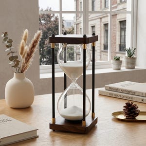 Puede incluir: Un reloj de arena con marco de madera oscura, bombillas de vidrio transparente y arena blanca. El reloj de arena tiene detalles en latón y soportes negros. Se encuentra sobre una superficie de madera con un jarrón y libros.