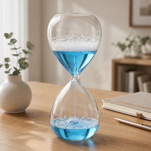 Puede incluir: Un reloj de arena de cristal transparente lleno de un líquido azul vibrante y espuma blanca. El líquido fluye desde el bulbo superior hacia el inferior a través de una abertura central estrecha. El reloj tiene un diseño redondeado en forma de gota.
