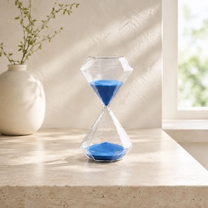 Könnte beinhalten: Eine klare Sanduhr aus Glas in Form eines facettierten Diamanten, gefüllt mit leuchtend blauem Sand. Die Sanduhr hat ein geometrisches, mehrseitiges Design, das sich zur Mitte hin verjüngt, wobei sich der blaue Sand im unteren Teil befindet.