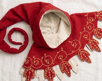 Capuche médiévale brodée pour liripipe : Cagoule historique longue queue en laine et lin | Chaperon d'exception pour foire de la Renaissance