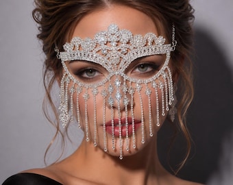 Rhinestone Masquerade Mask Face Veil | Crystal Tassel Fringe Jewelry | Bridal Gatsby Headpiece