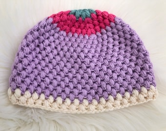Puff Stitch Hat/Toque, Adult M, Hand Crochet,Turquoise Pink, Lavender and Cream, Beanie, Unisex Fashion Accessory, 3 Season, Outdoor Wear