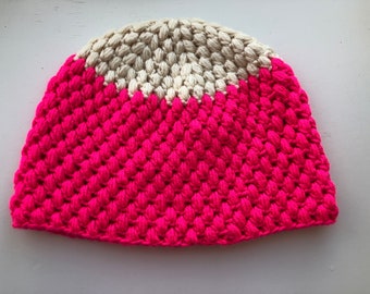 Puff Stitch Hat/Toque, Adult M, Hand Crochet, Bright Pink and Cream,Cap, Beanie, Unisex Fashion Accessory, 3 Season Hat, Outdoor Wear
