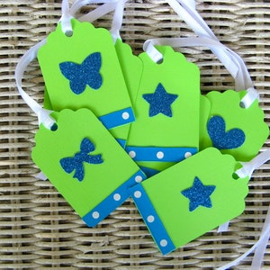 8 Green and Blue Glitter Gift Tags  -  White Ties-Set of 8  - 2 x 3 1/4 inches  -Handcrafted