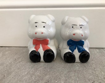 Pigs with Bow Ties Salt and Pepper Shakers, Vintage, Hand Painted Ceramic, Japan, Collectors, Farmhouse Decor,