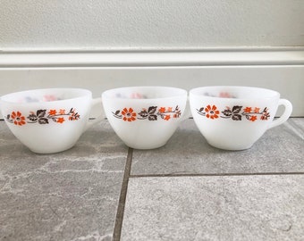 Termocrisa Coffee/Tea Cups  Orange Flowers Brown Stems & Leaves- Set of 3 - Vintage Floral Tea Cups Milk Glass Drinkware Made in Mexico